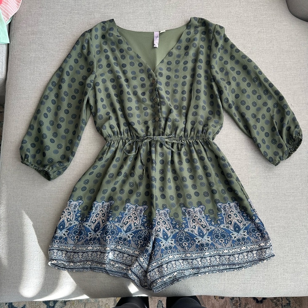 Alya Dark Green and Navy Patterned Romper with a tie front